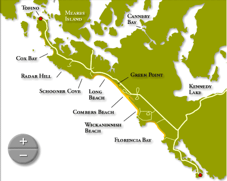 A map of the area of Vancouver Island from Tofino to Ucluelet British Columbia. 