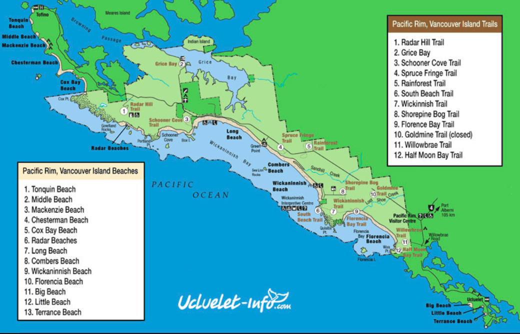 A map of Tofino's best beaches running from Tofino to Ucluelet along the coast of British Columbia